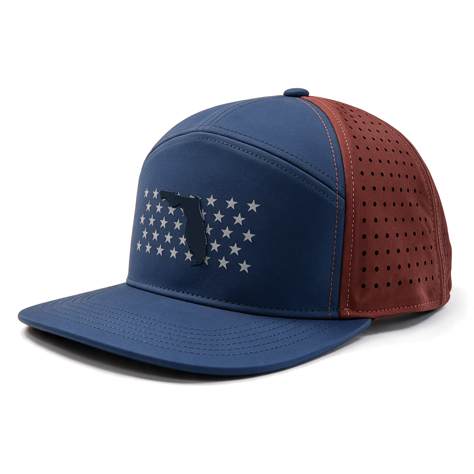 Blue hat with a red backing and stars across the crown with the shape of Florida over it.