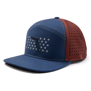 Blue hat with a red backing and stars across the crown with the shape of Florida over it.