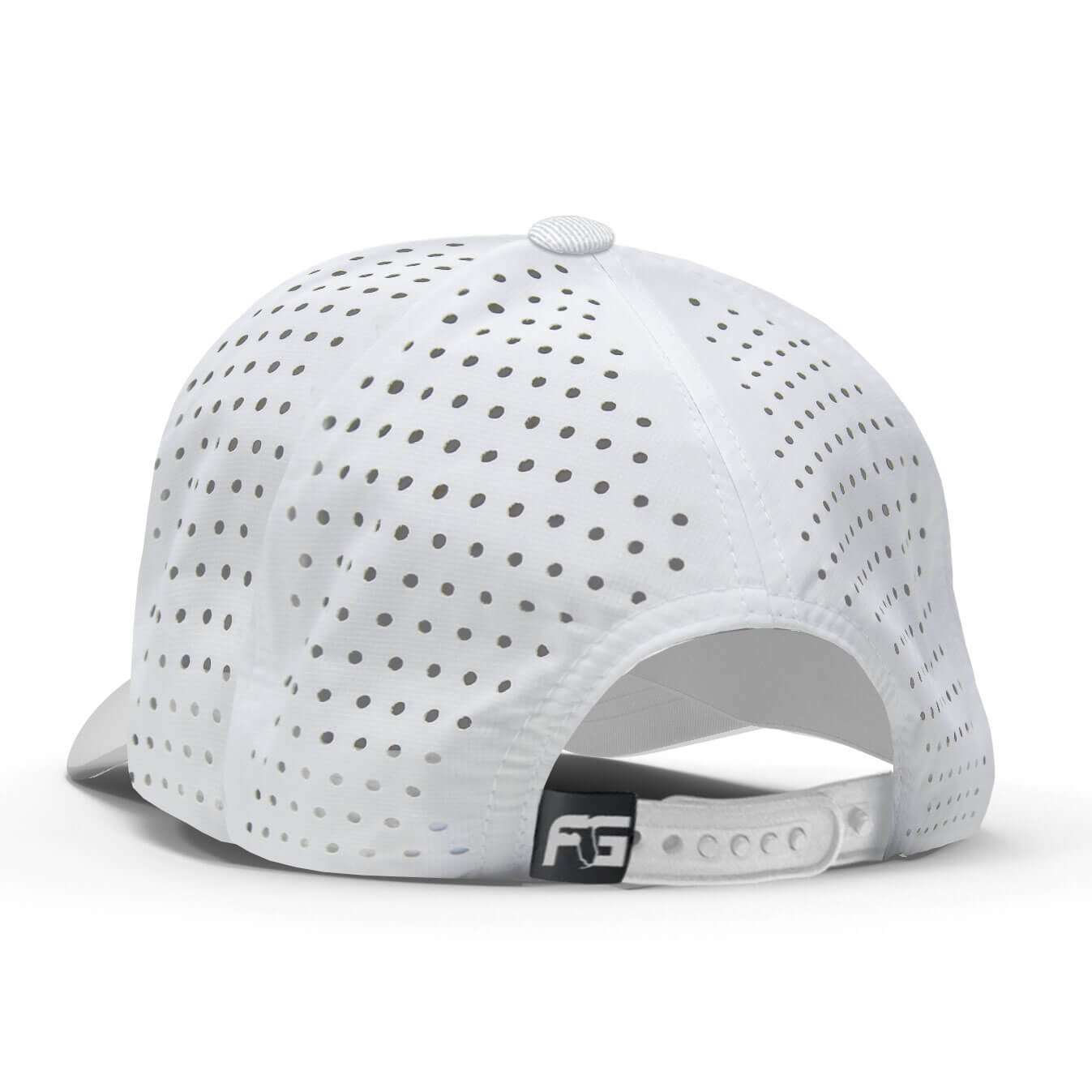 Back view showing a perforated, performance-style backing and adjustable snapback.