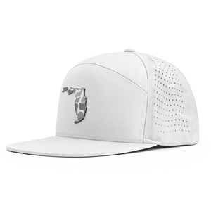 White hat with a patch of the state of Florida with a white and gray camo within it.