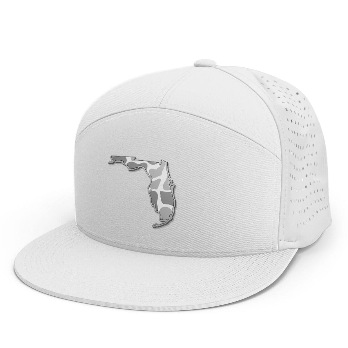 White hat with a patch of the state of Florida with a white and gray camo within it.