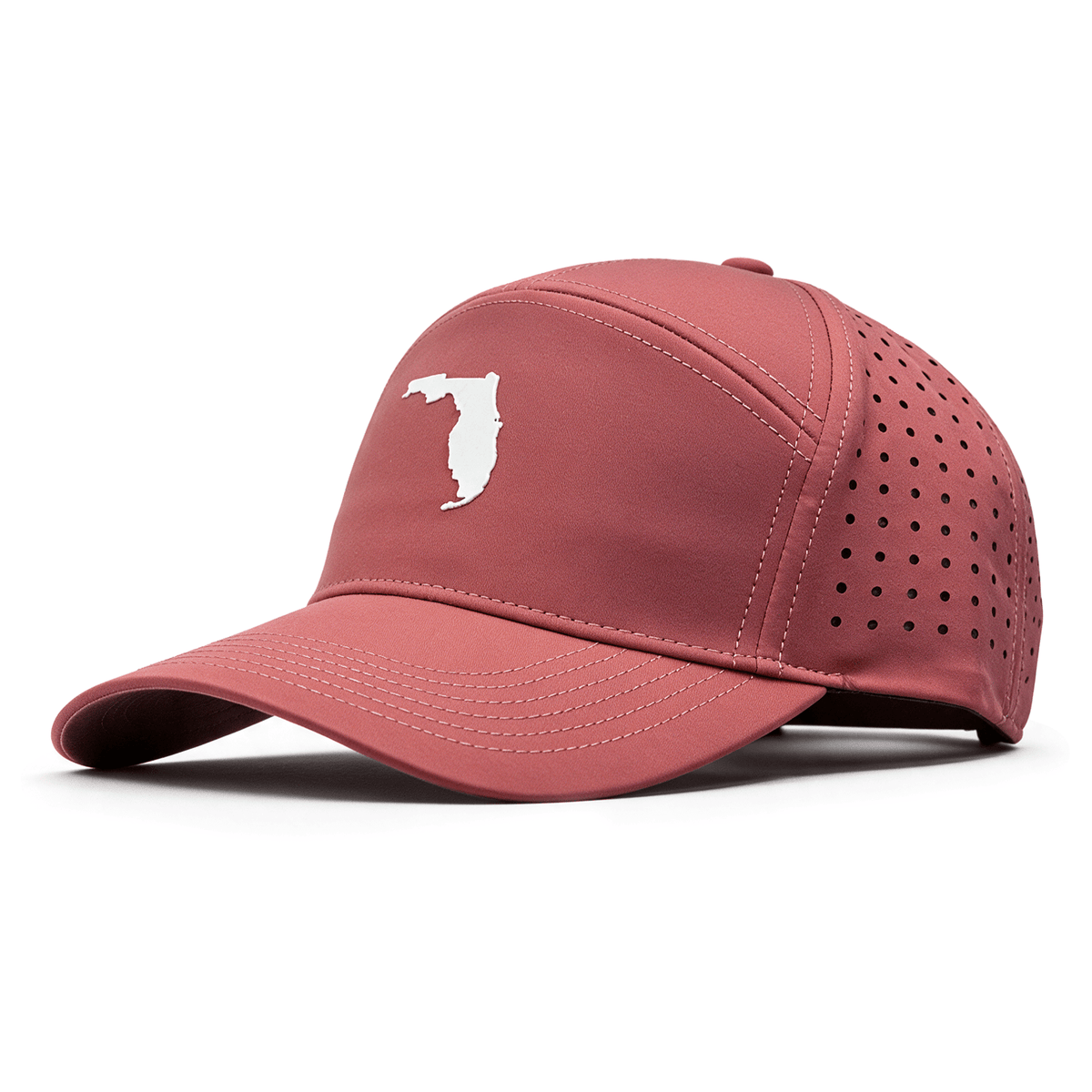 A dusty rose baseball cap with a white Florida state silhouette logo on the front, featuring a curved brim and perforated side panels, shown on a white background.