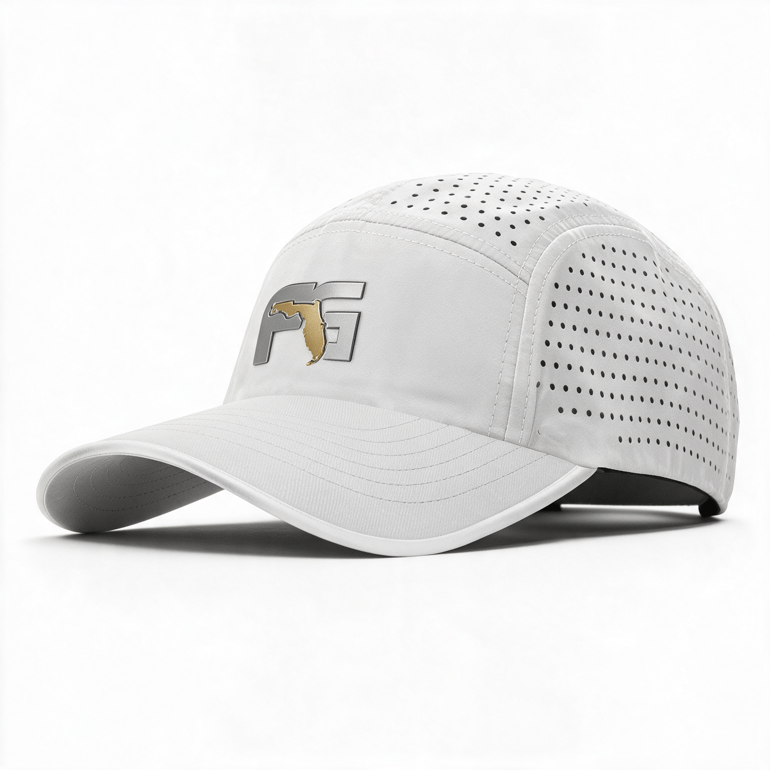 White hat with perforated top and backing and FG logo badge on the crown.