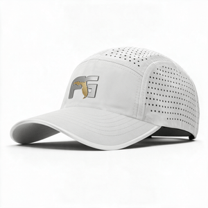White hat with perforated top and backing and FG logo badge on the crown.
