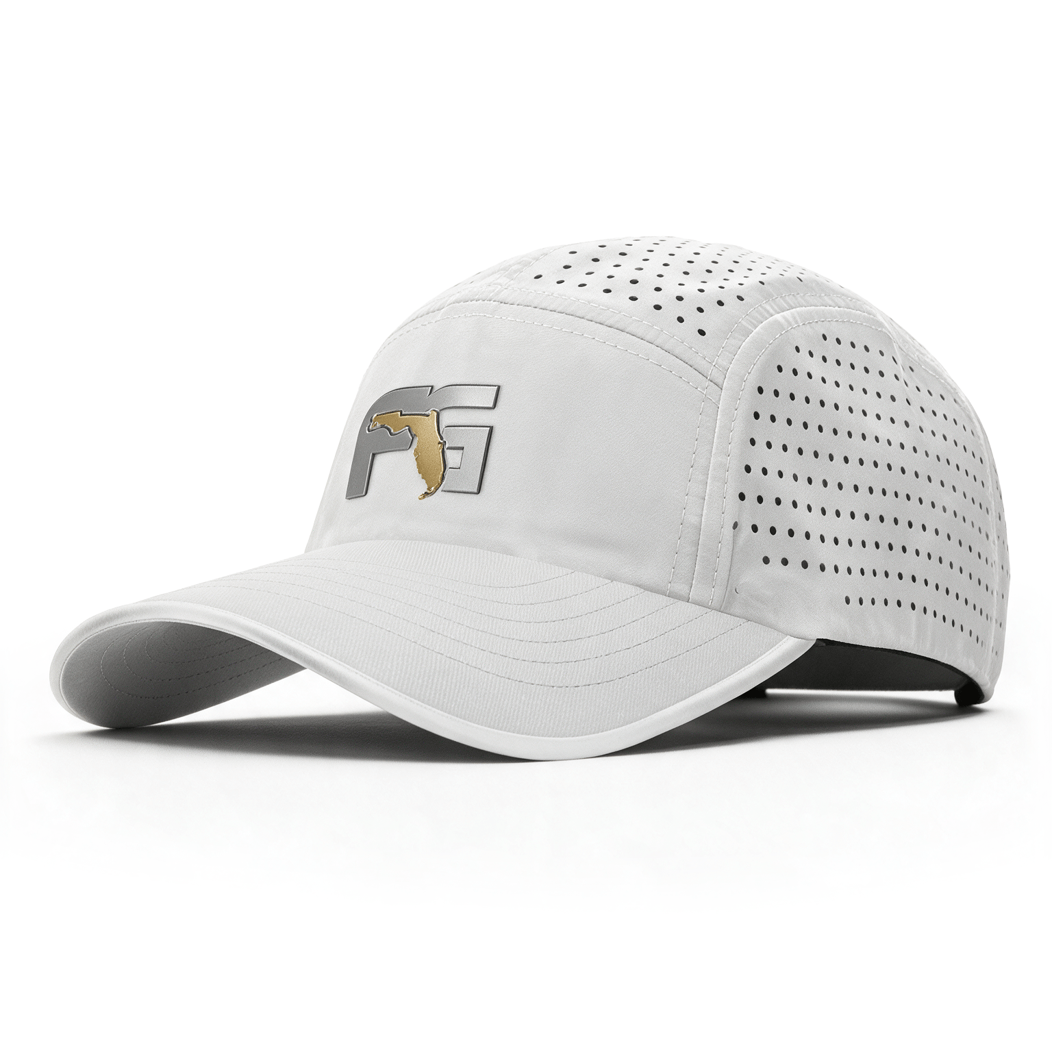 White hat with perforated top and backing and FG logo badge on the crown.