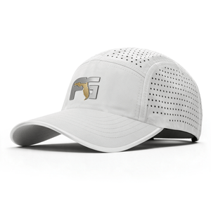 White hat with perforated top and backing and FG logo badge on the crown.