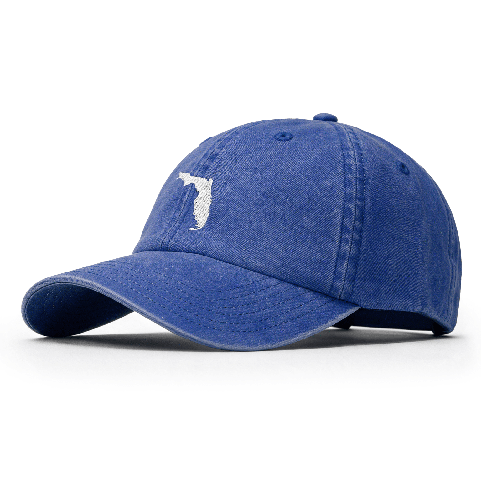 A blue distressed baseball cap featuring a white embroidered outline of the state of Florida on the front, set against a plain white background.