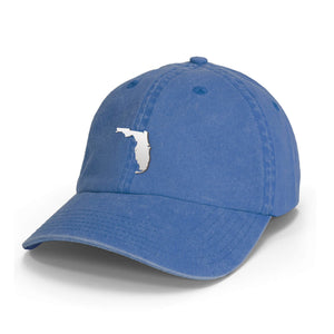 Blue hat with a silver icon of the shape of Florida on the crown.