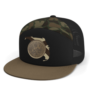 Gray and tan flat bill youth hat with a patch of the state of Florida with the Florida seal over it and the top portion of the visor in classic camouflage pattern.