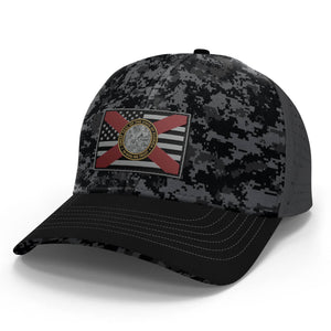 Gray camouflage performance hat with a patch containing both the US and Florida flags.