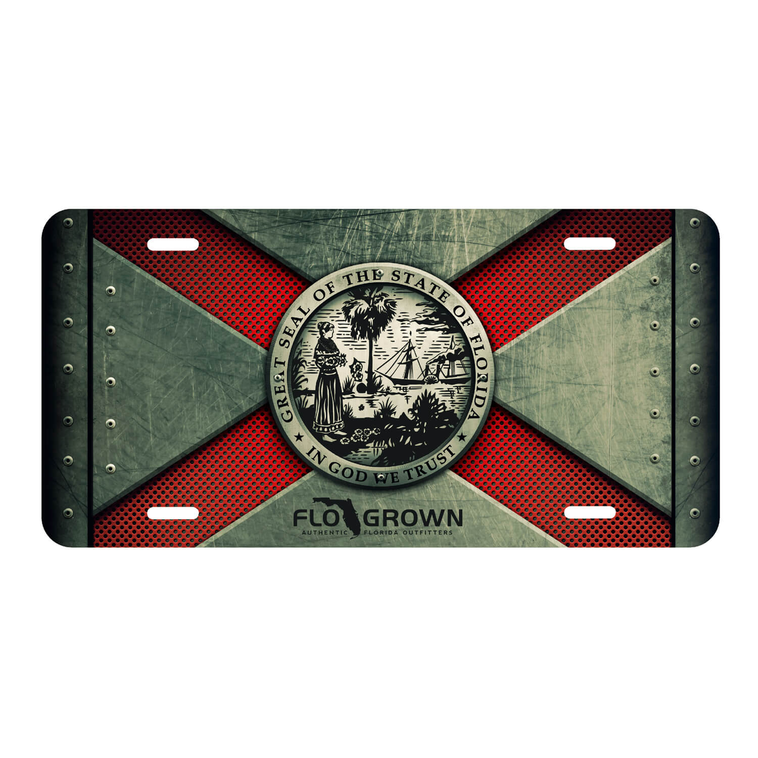A metal license plate with a sublimated design featuring red and gray colors and the flag of Florida.