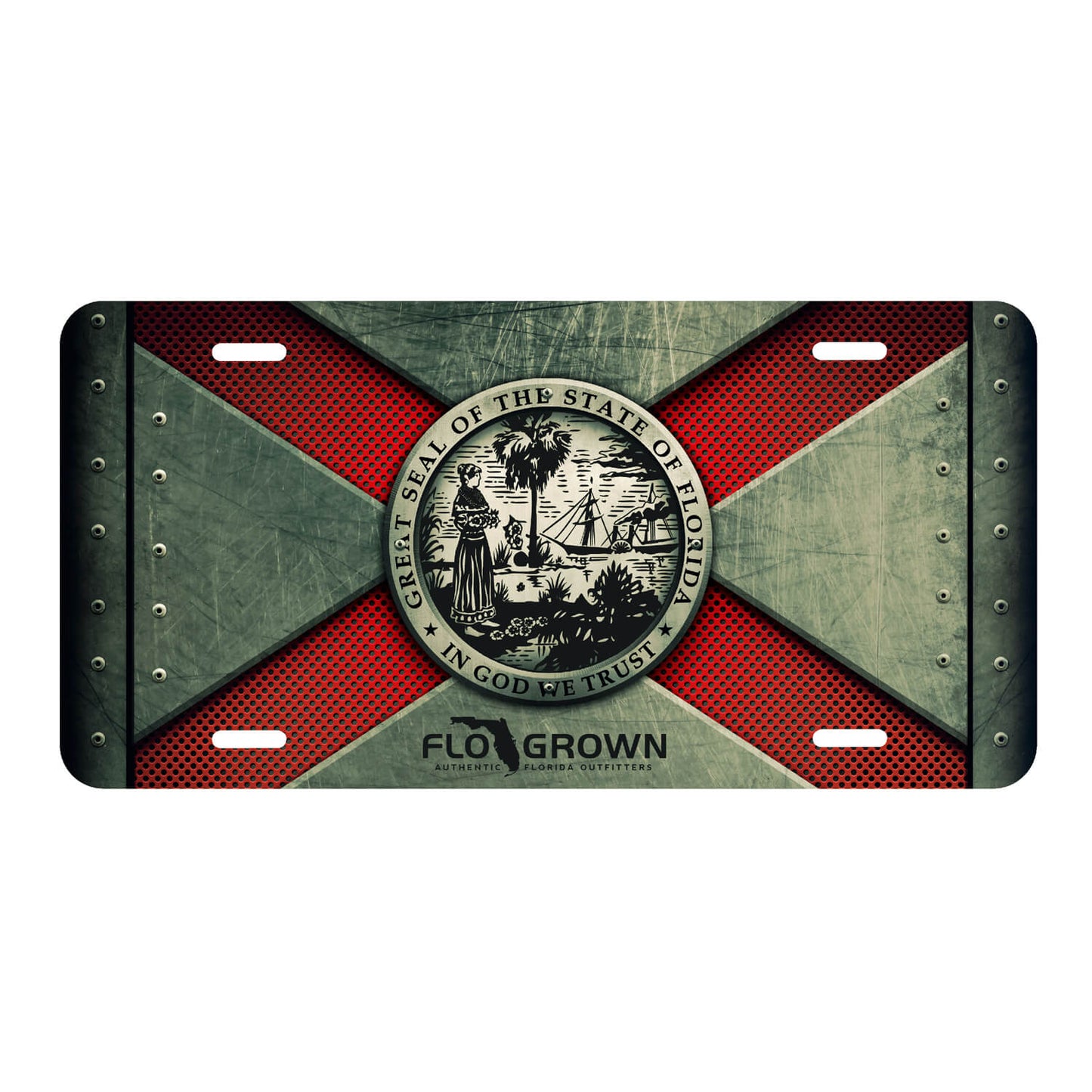 A metal license plate with a sublimated design featuring red and gray colors and the flag of Florida.
