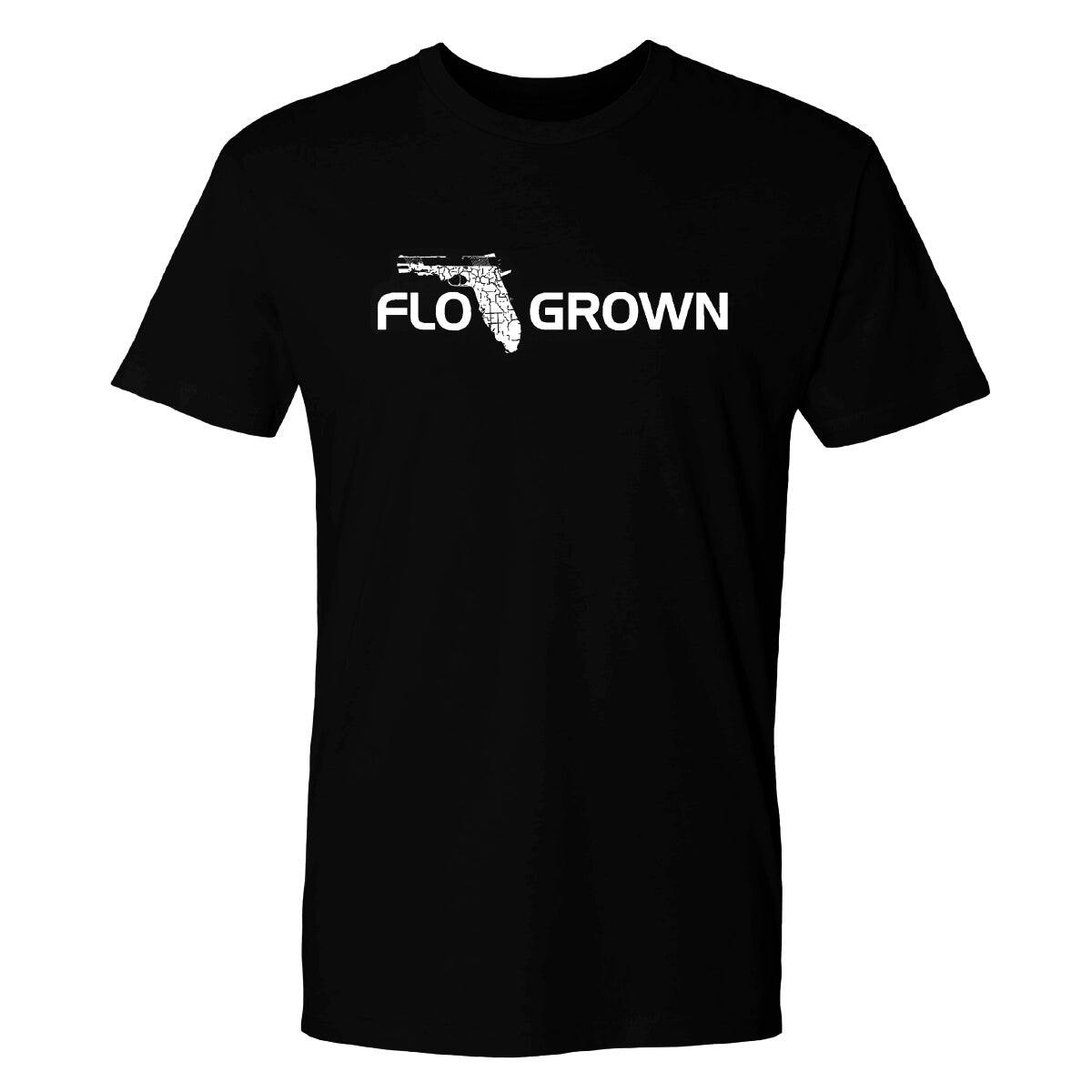 Black shirt with the FloGrown logo in white on the front.