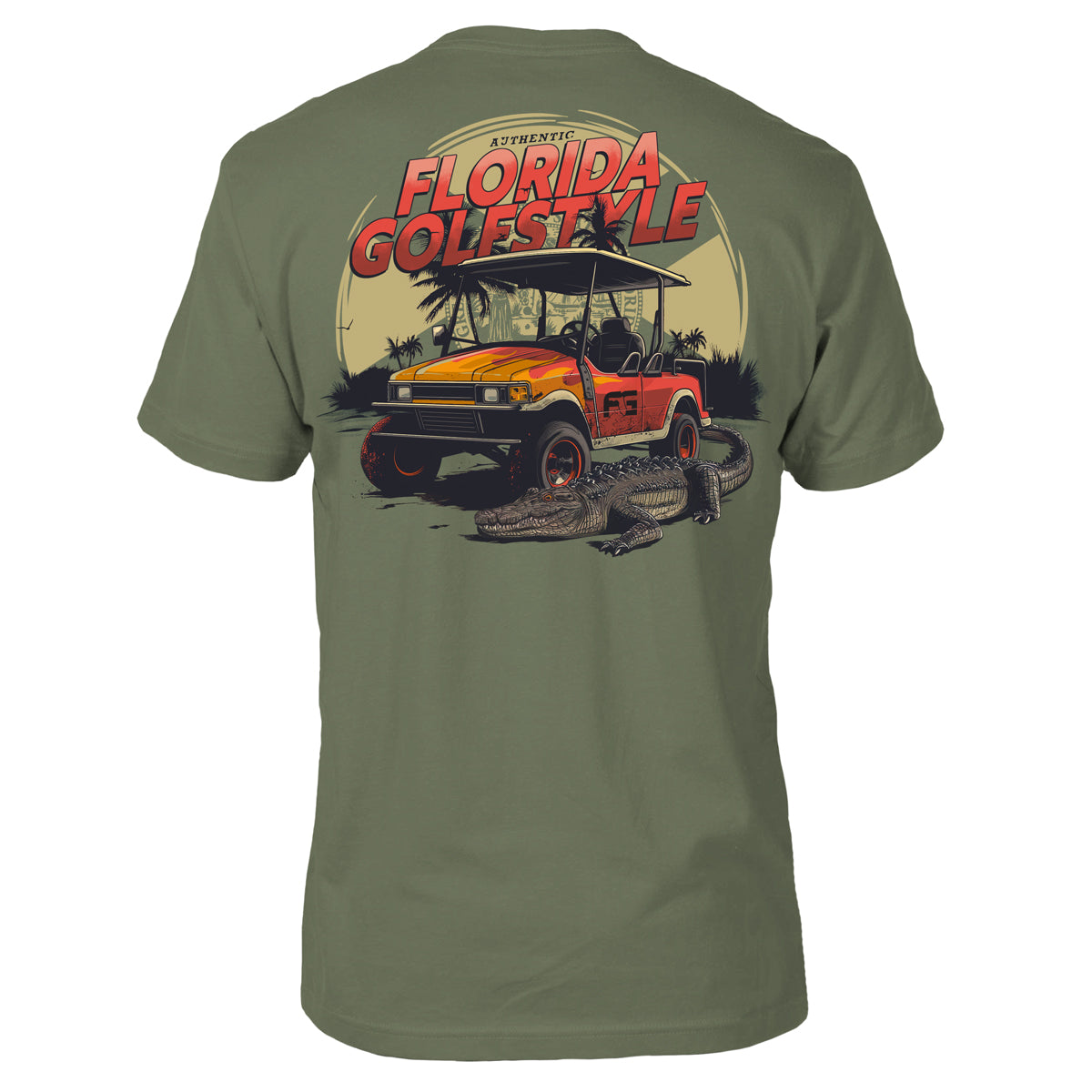 Green t-shirt with a golf cart with an alligator next to it and a Florida flag in the background with text 'FLORIDA GOLFSTYLE'