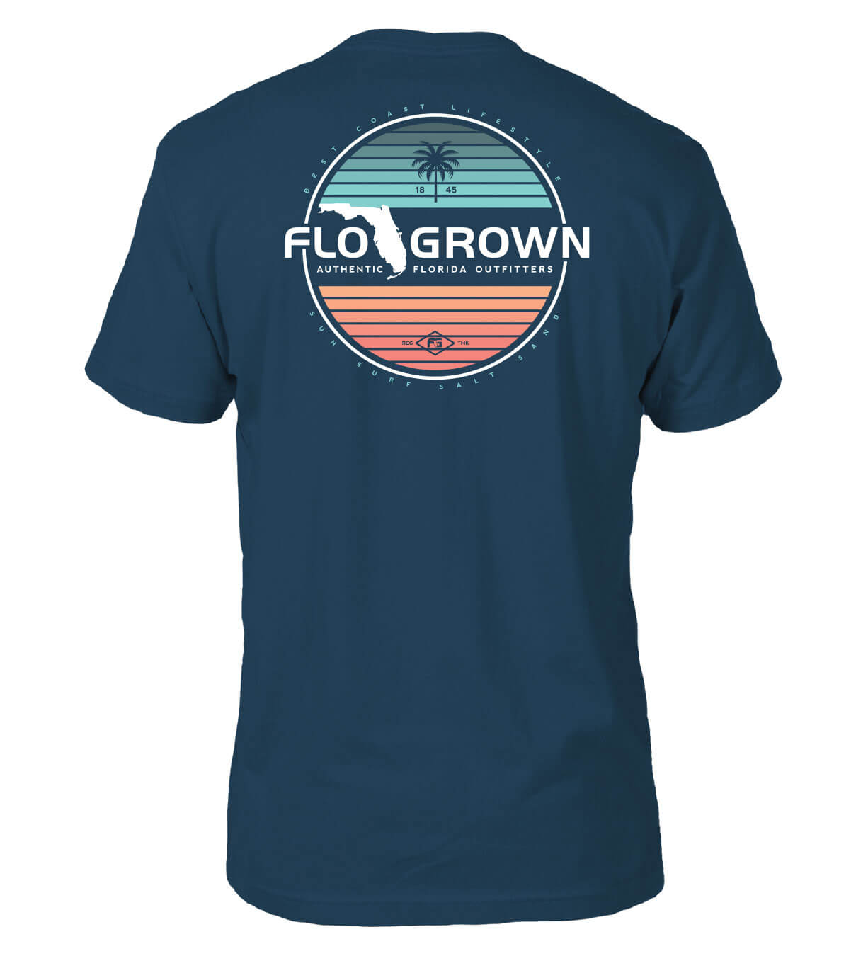 Navy blue tee with FloGrown logo in the center of a geometric sunset circle crest.