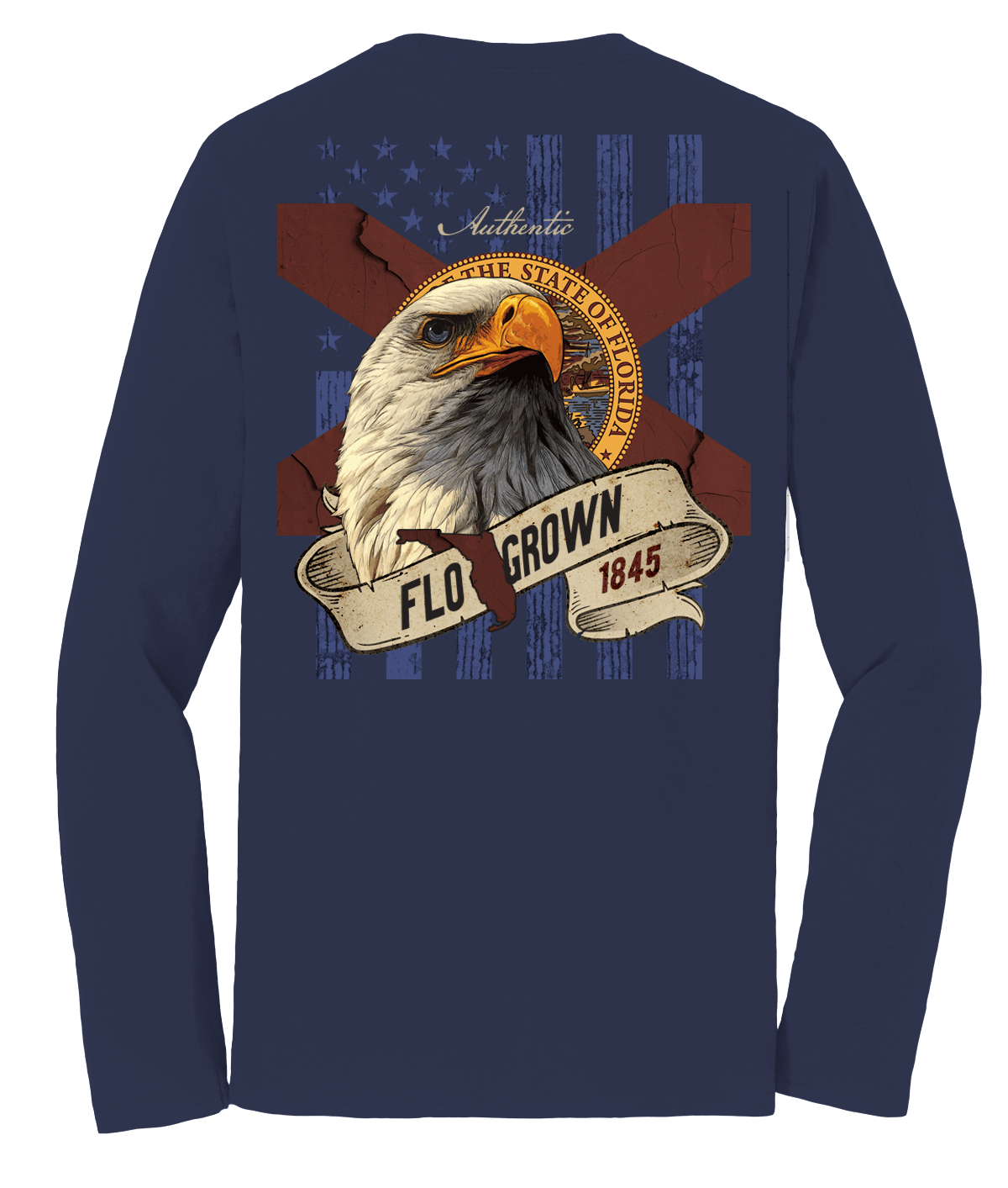 Navy blue long-sleeve shirt with an eagle graphic over the Florida flag and American flag