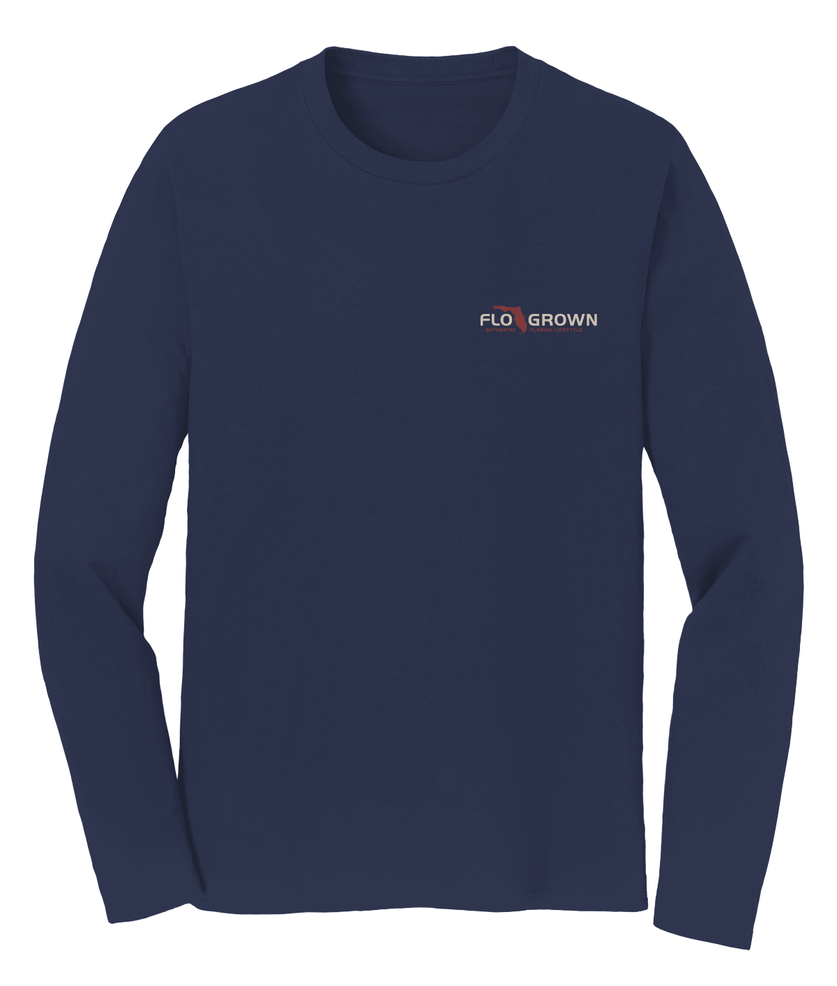 Navy blue long-sleeve shirt with 'FLO GROWN' logo on the left chest