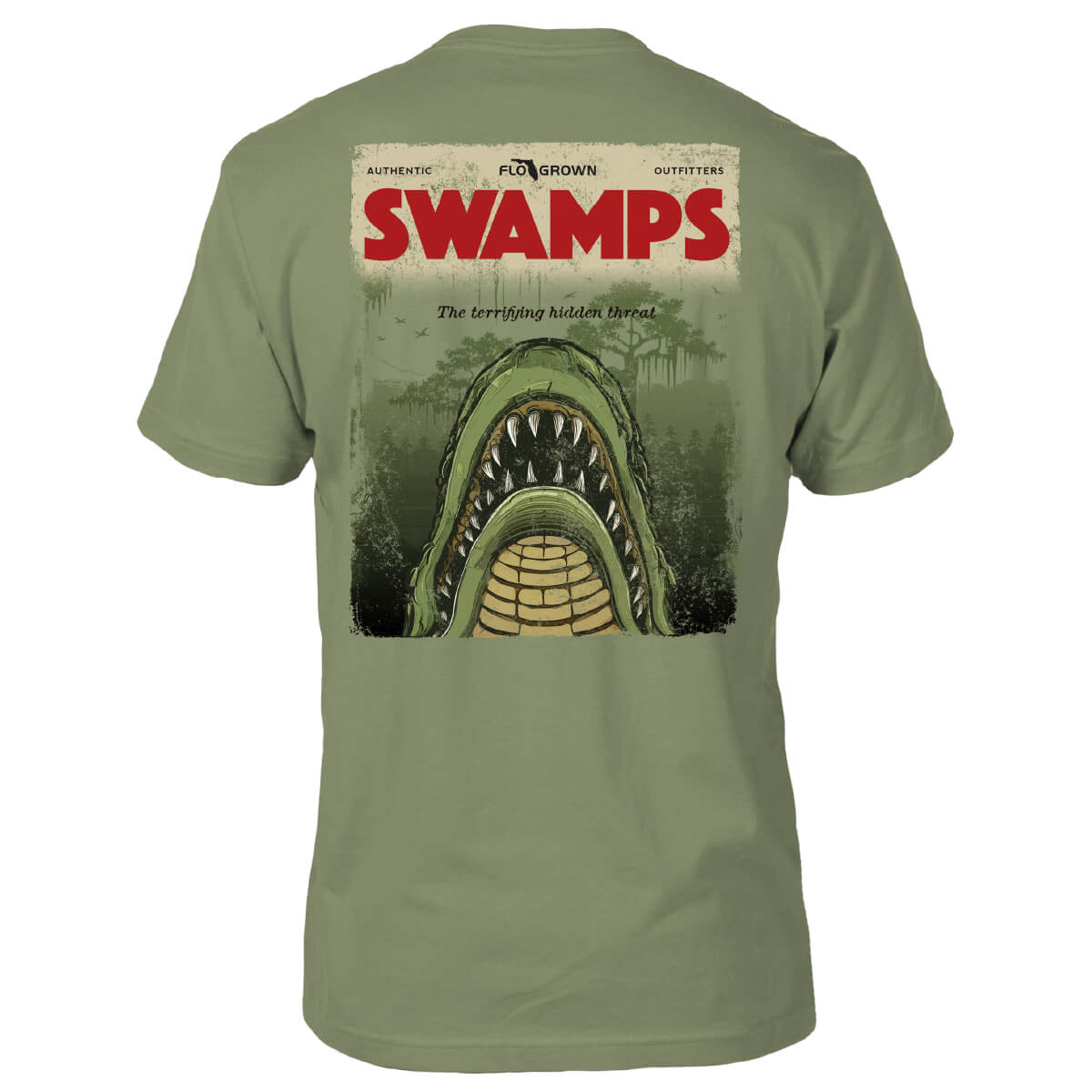 Green tee with a design of a poster on the back with the mouth of a gator coming out of the water and the title 'SWAMPS'.
