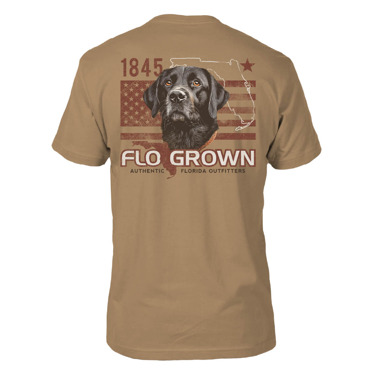 Brown t-shirt with a dog over an American flag and an outline of the state of Florida with the FloGrown logo underneath.