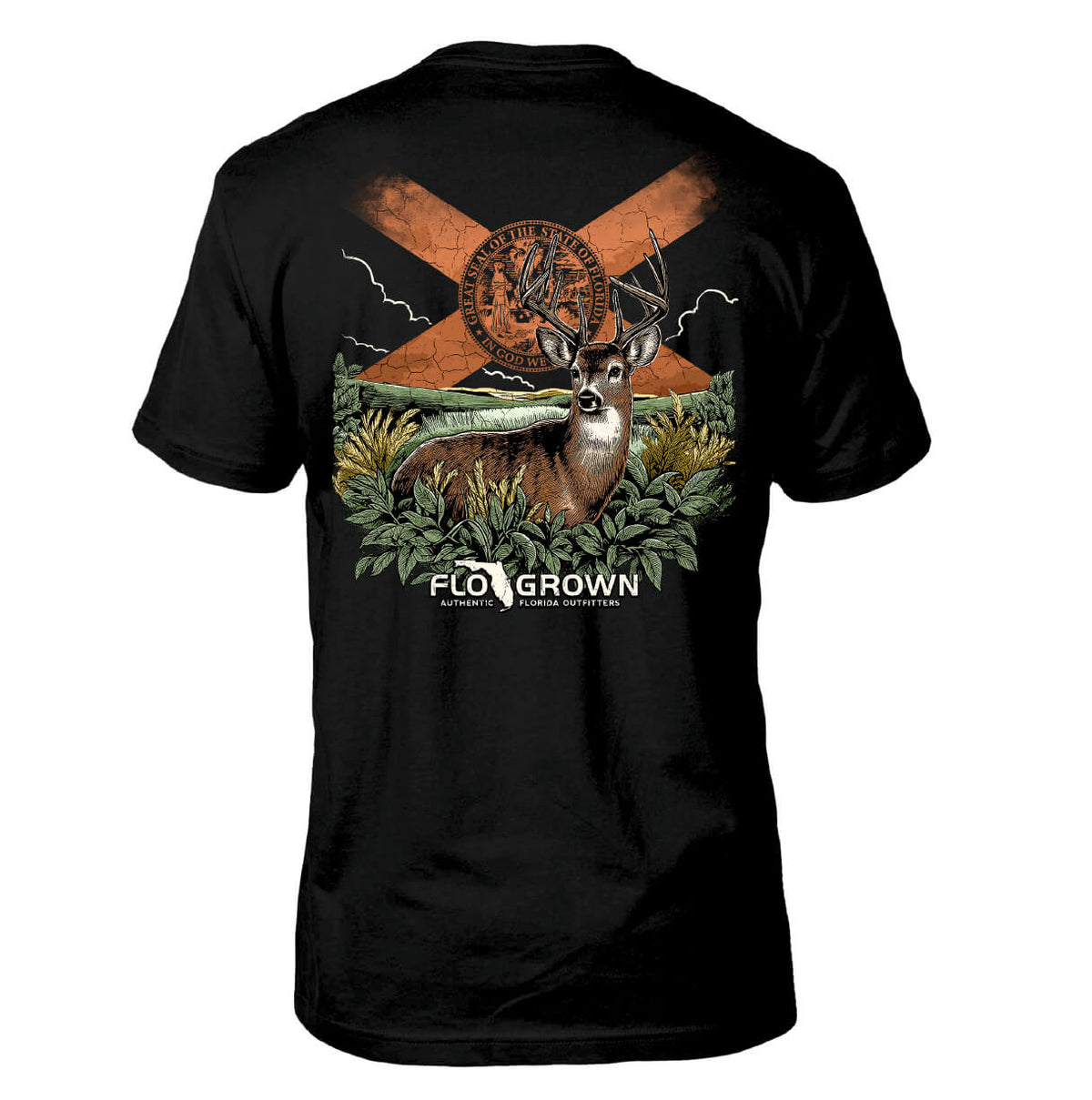 Black tee with a graphic of a deer in the swamp with an orange Florida flag on the horizon.
