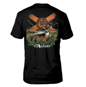 Black tee with a graphic of a deer in the swamp with an orange Florida flag on the horizon.