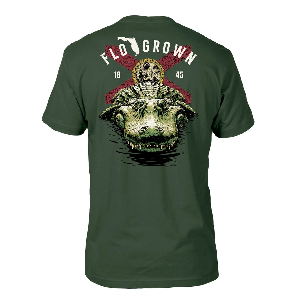 Green tee with a graphic of a gator in the water and the Florida flag behind it.