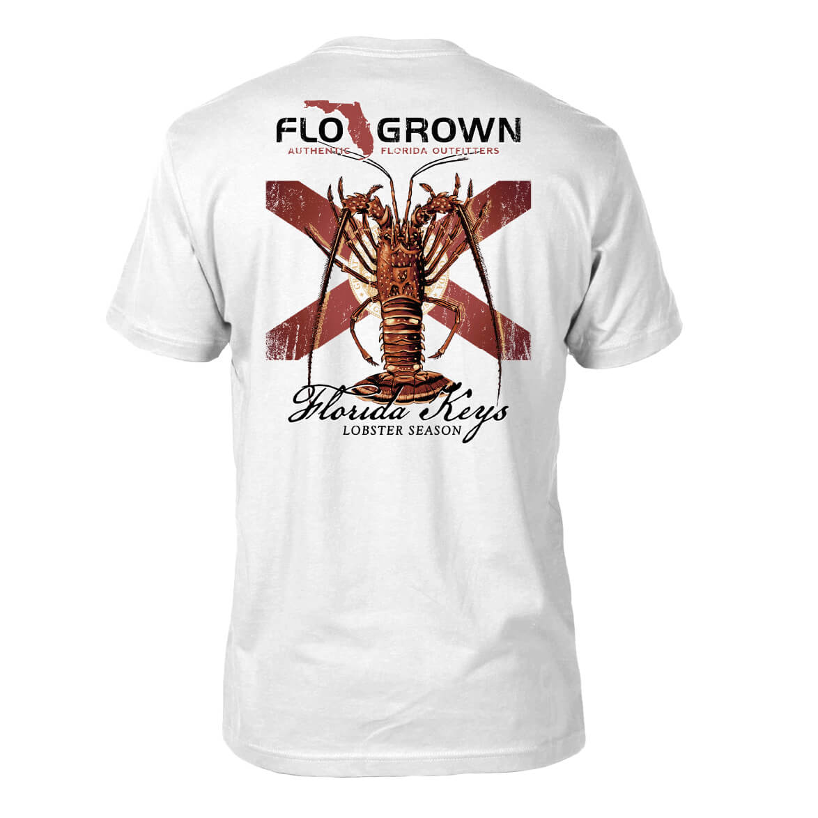 White shirt with a graphic of a Florida flag with a lobster over it and the text 'Florida Keys Lobster Season' on the back.