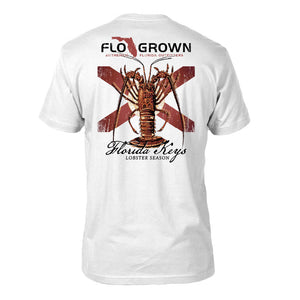 White shirt with a graphic of a Florida flag with a lobster over it and the text 'Florida Keys Lobster Season' on the back.