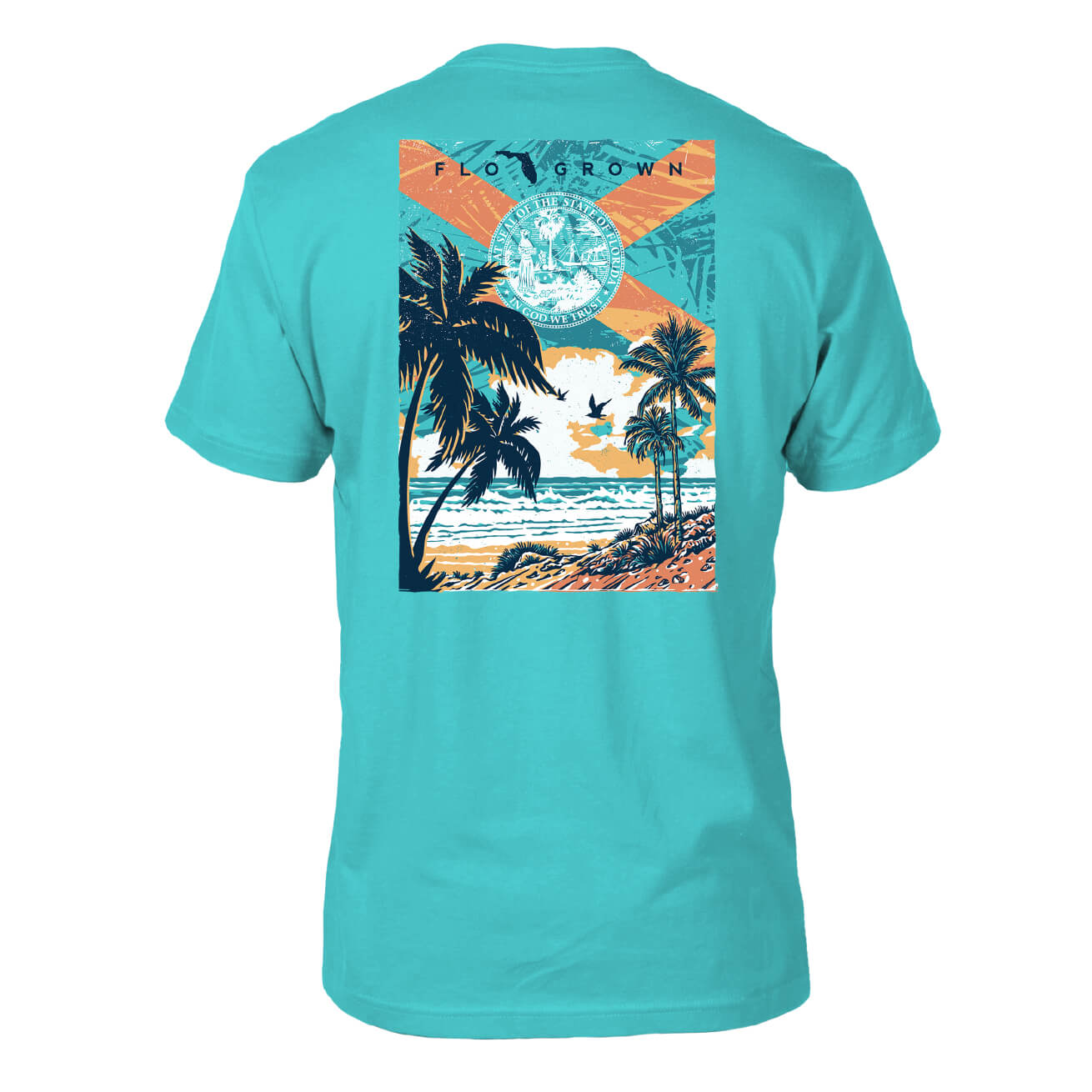 Turquoise tee with a graphic of a sunset on a beach with palm trees and the Florida flag.