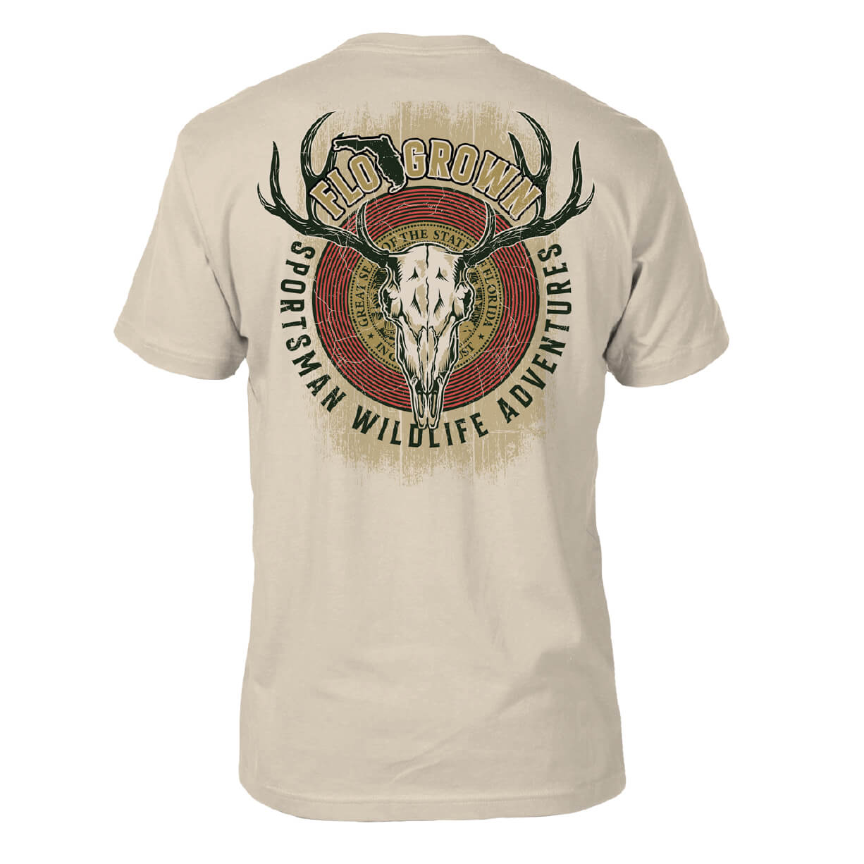 Tan t-shirt with a graphic of a buck skull within the Florida seal and the text 'SPORTSMAN WILDLIFE ADVENTURES'.