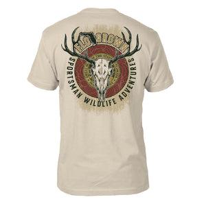 Tan t-shirt with a graphic of a buck skull within the Florida seal and the text 'SPORTSMAN WILDLIFE ADVENTURES'.
