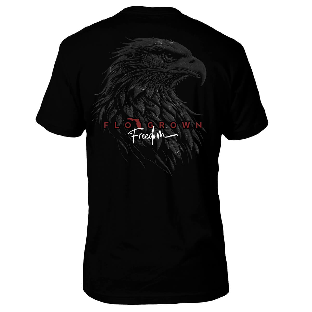 Black tee with a graphic of an eagle on the back in gray and the text 'FREEDOM'.