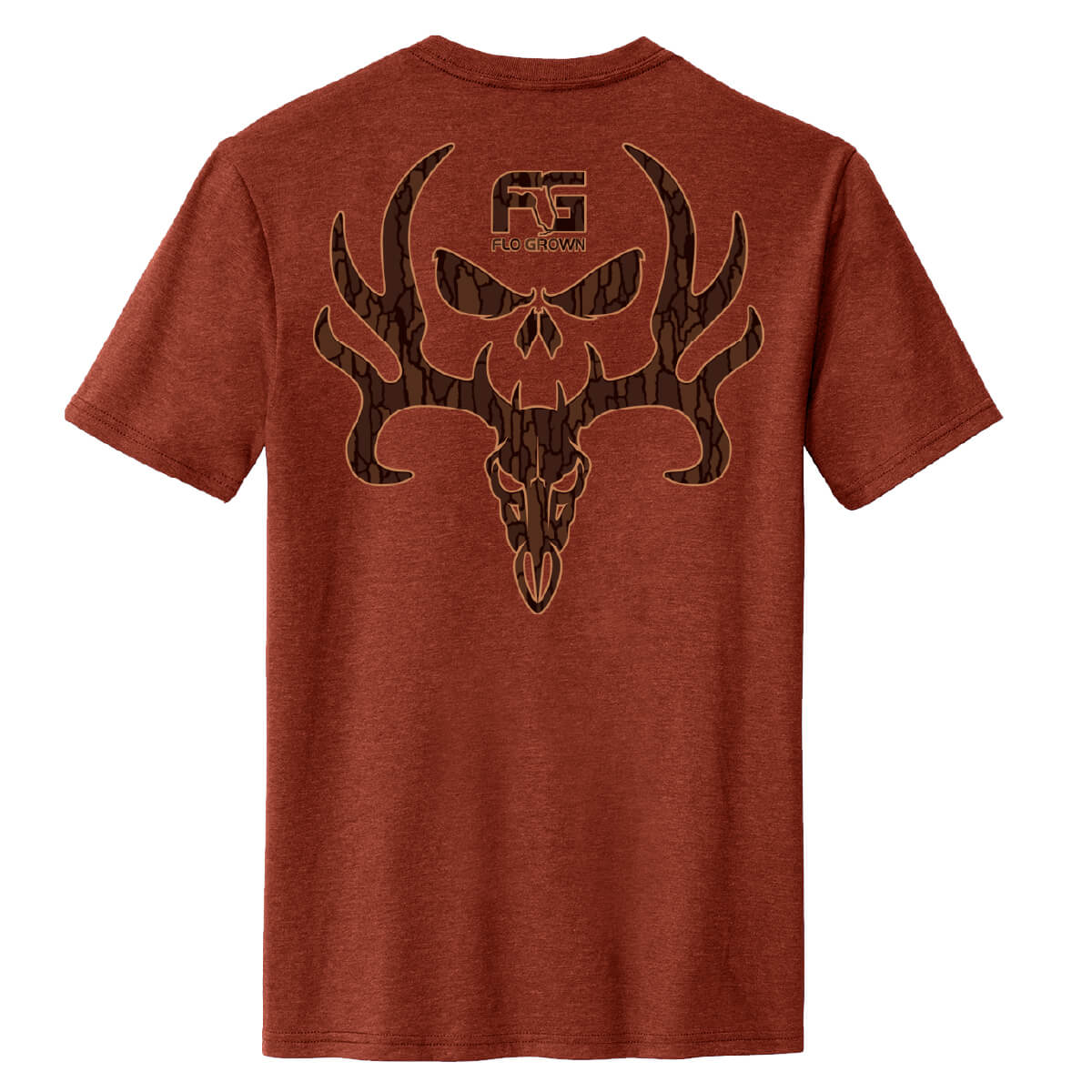A heathered rust-orange short-sleeve t-shirt shown from the back, featuring a large graphic of a deer skull with antlers in a dark brown camouflage pattern and a 'FG Outdoors' logo above it.