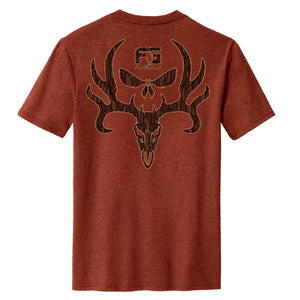 A heathered rust-orange short-sleeve t-shirt shown from the back, featuring a large graphic of a deer skull with antlers in a dark brown camouflage pattern and a 'FG Outdoors' logo above it.