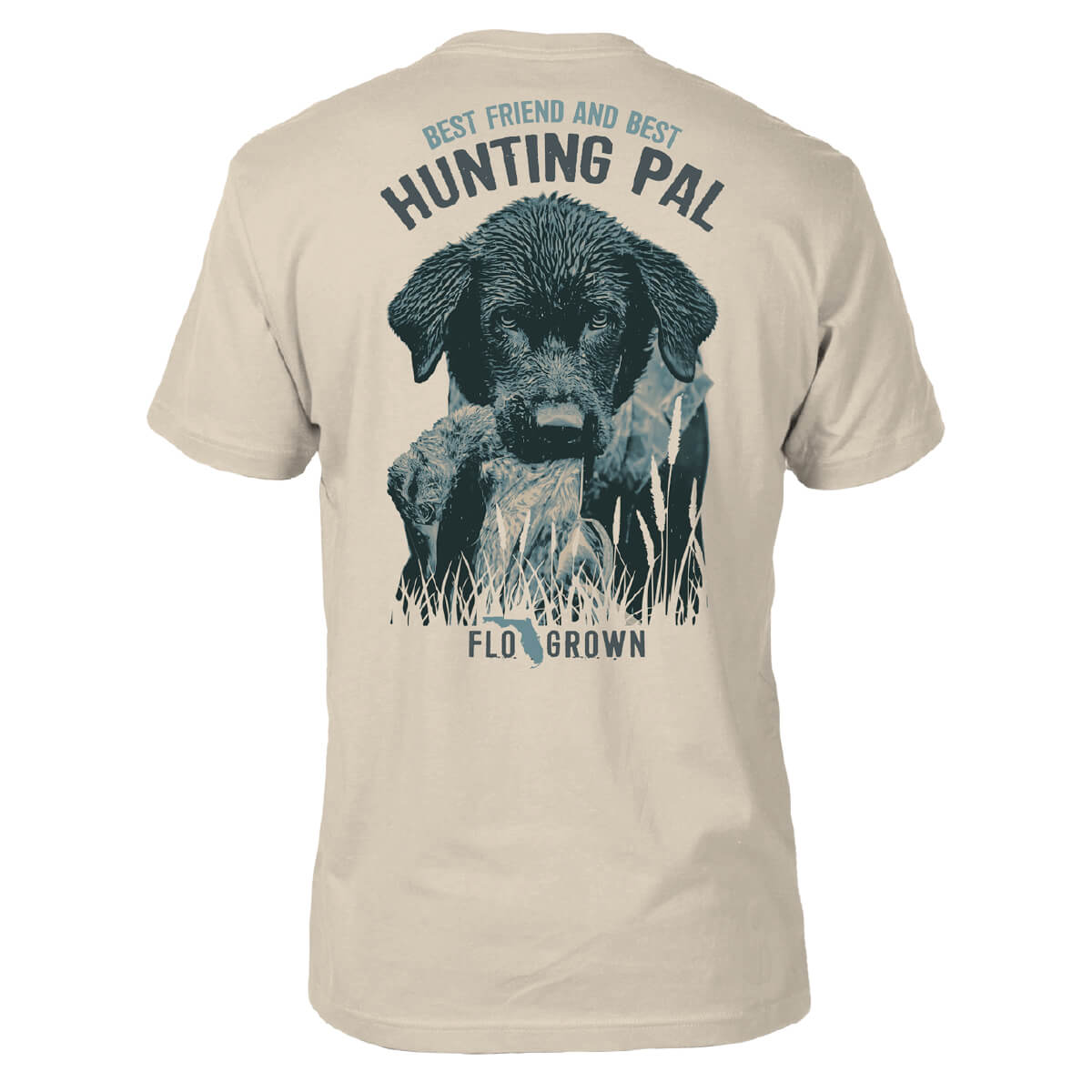 Beige shirt with a graphic of a dog holding a duck in its mouth and the text 'BEST FRIEND AND BEST HUNTING PAL'.