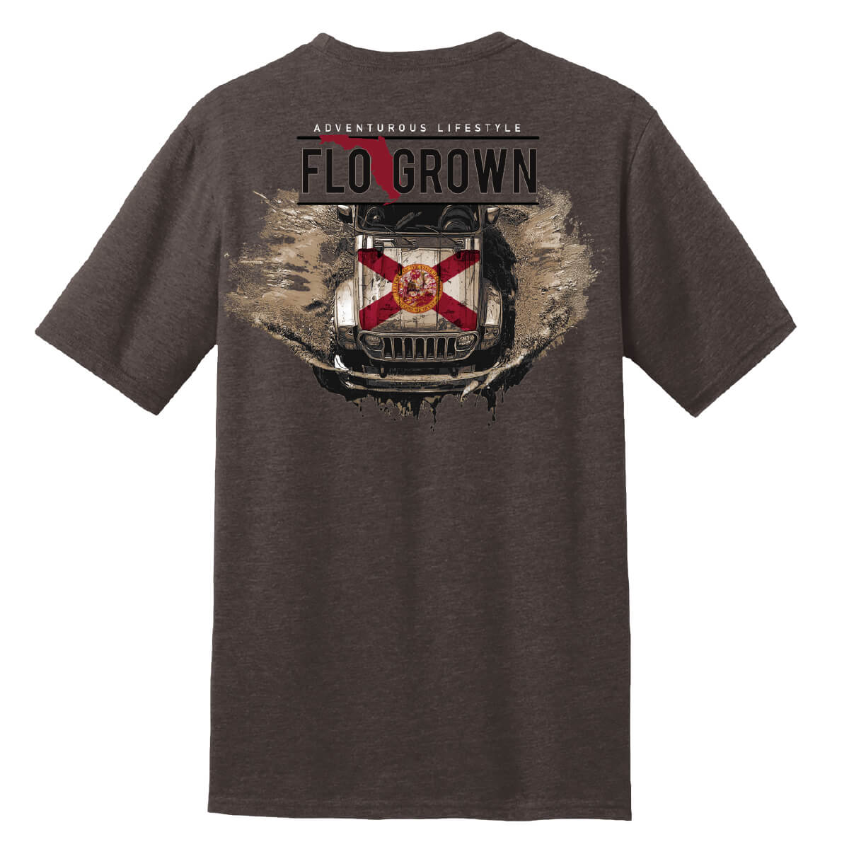 Heather brown shirt with a birds-eye view of a jeep with a Florida flag on it.