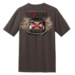 Heather brown shirt with a birds-eye view of a jeep with a Florida flag on it.