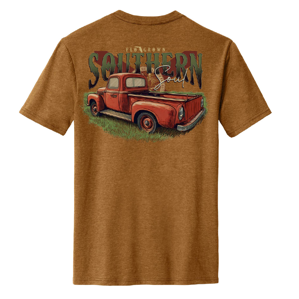 Brown shirt with with a Florida flag and a vintage truck with the text 'SOUTHERN SOUL'.