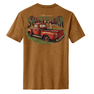 Brown shirt with with a Florida flag and a vintage truck with the text 'SOUTHERN SOUL'.