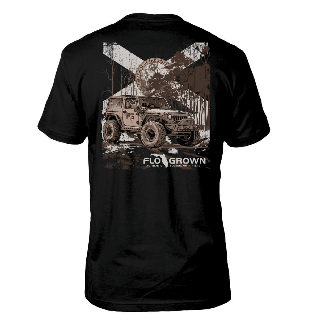 Black t-shirt with graphic design of a Jeep and forest scene over a Florida flag on the back.