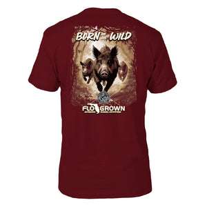 Red shirt with boards in the woods and the text 'BORN IN THE WILD'.