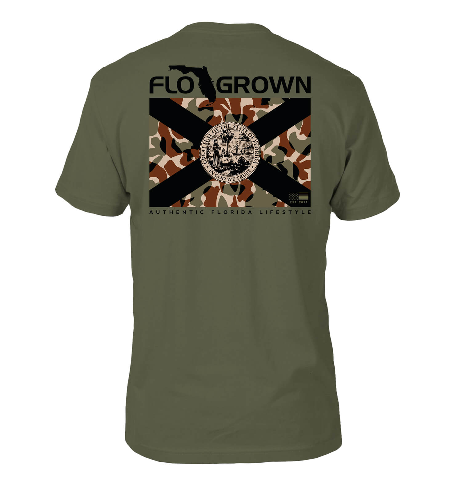 Green shirt featuring a camouflage Florida flag on the back.