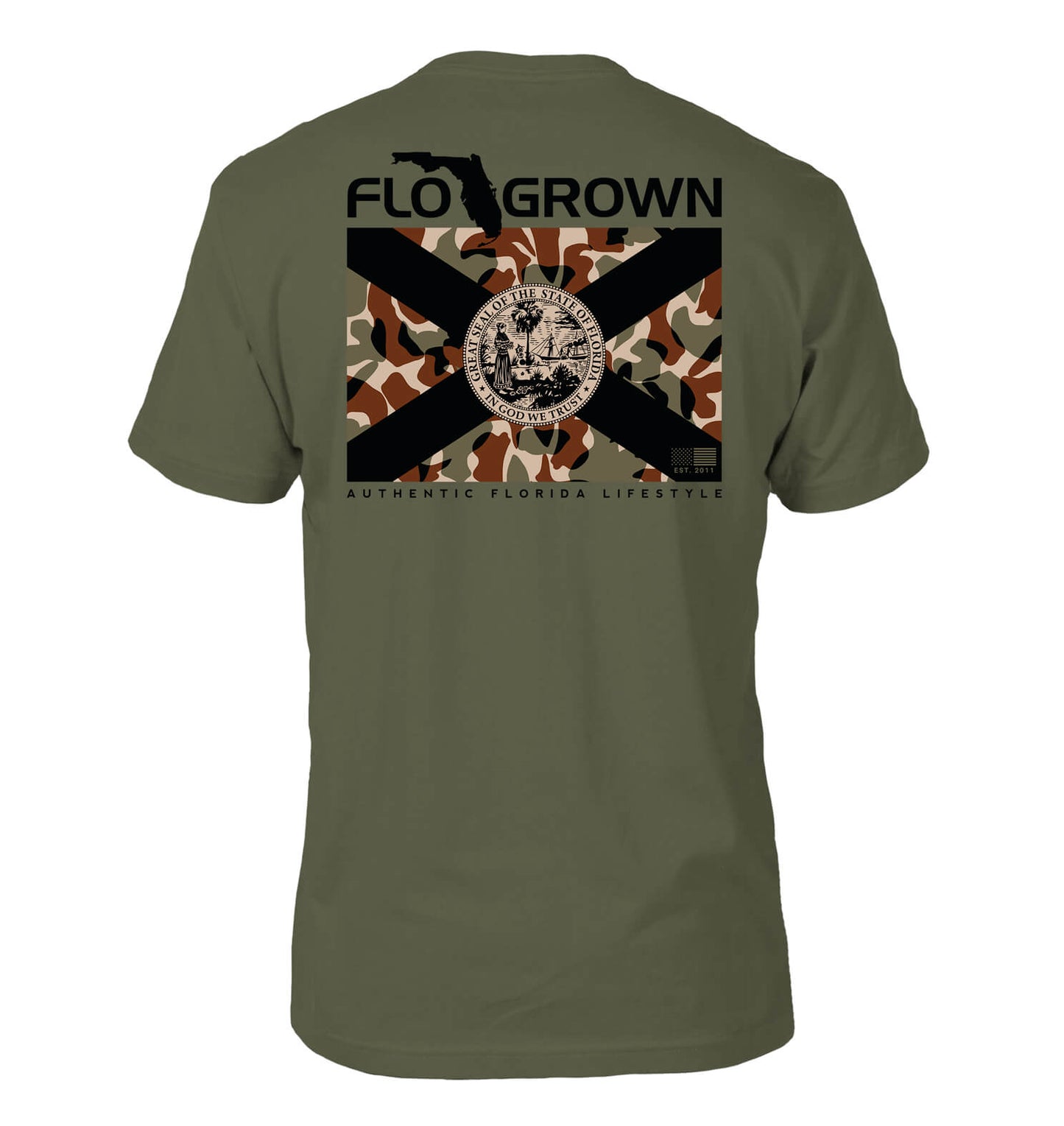 Green shirt featuring a camouflage Florida flag on the back.