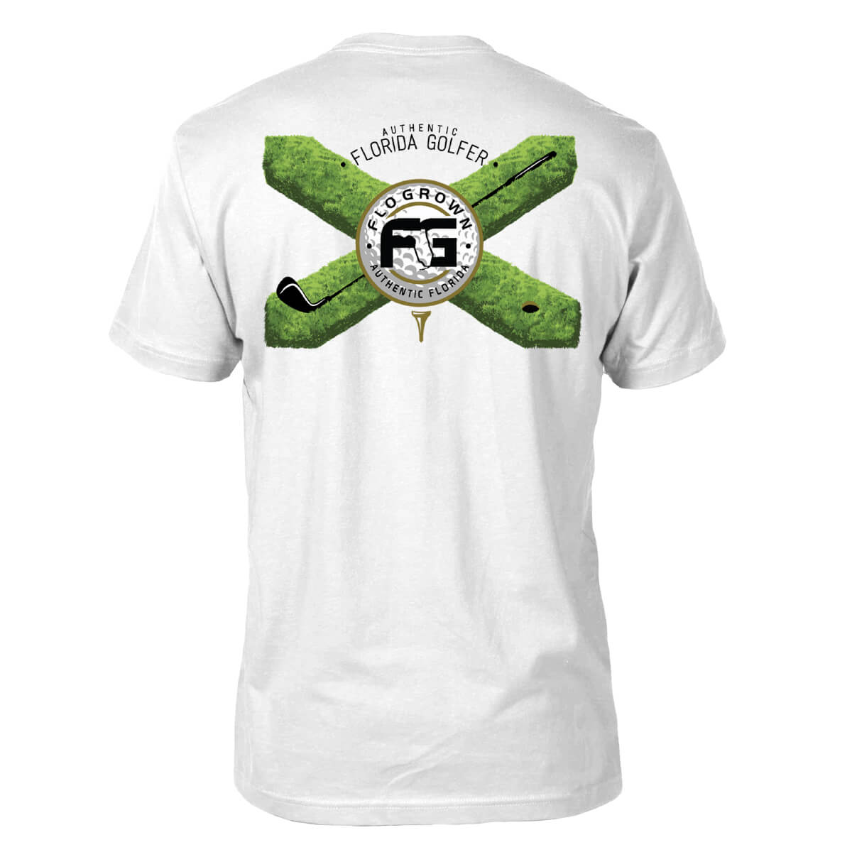 White shirt with the Florida flag on the back in a golf theme of grass as the X and a golf ball as the Florida seal.