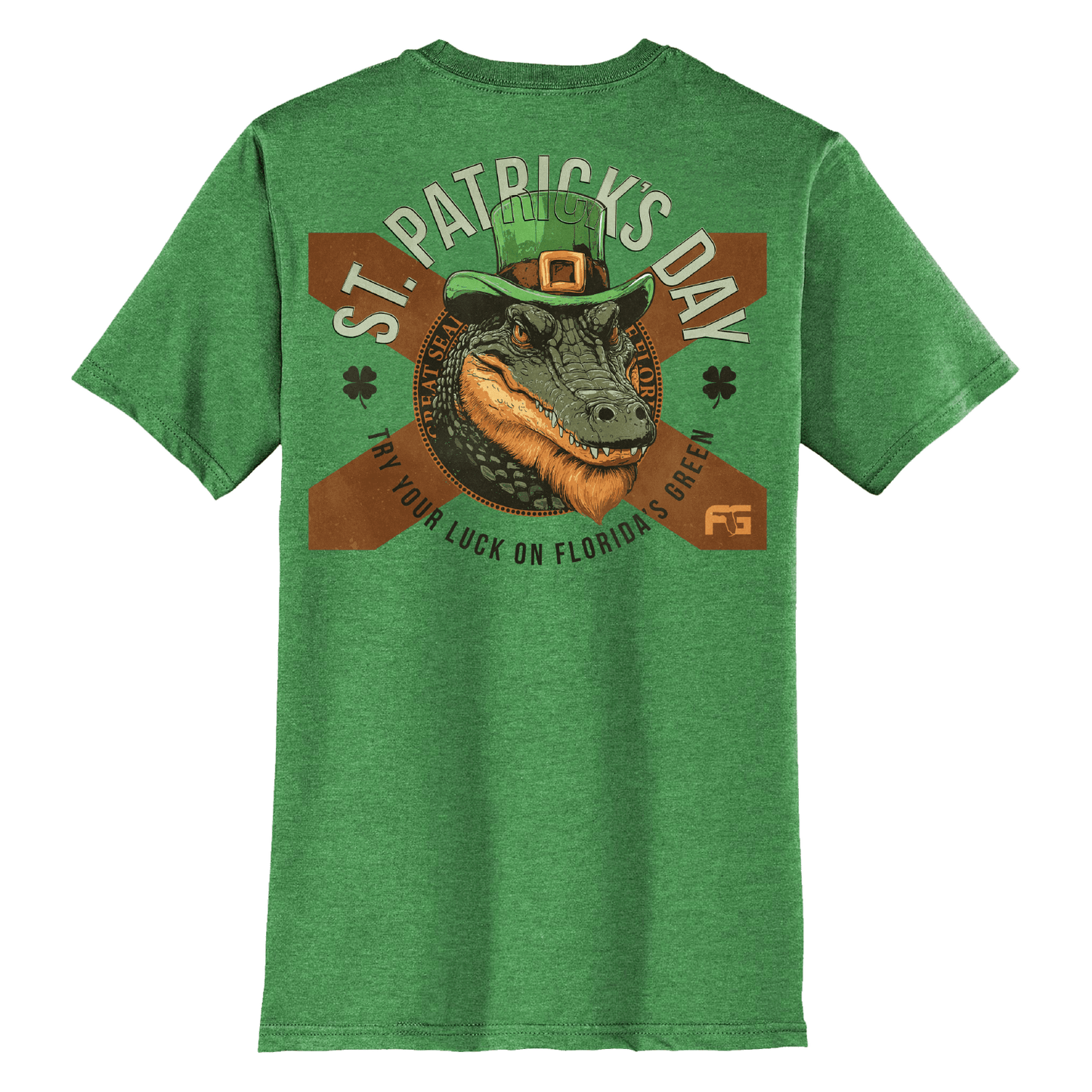 Green tee with a Florida flag and a gator in the middle wearing a leprechaun hat with the text 'ST. PATRICK'S DAY' over the top.