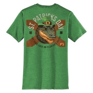 Green tee with a Florida flag and a gator in the middle wearing a leprechaun hat with the text 'ST. PATRICK'S DAY' over the top.