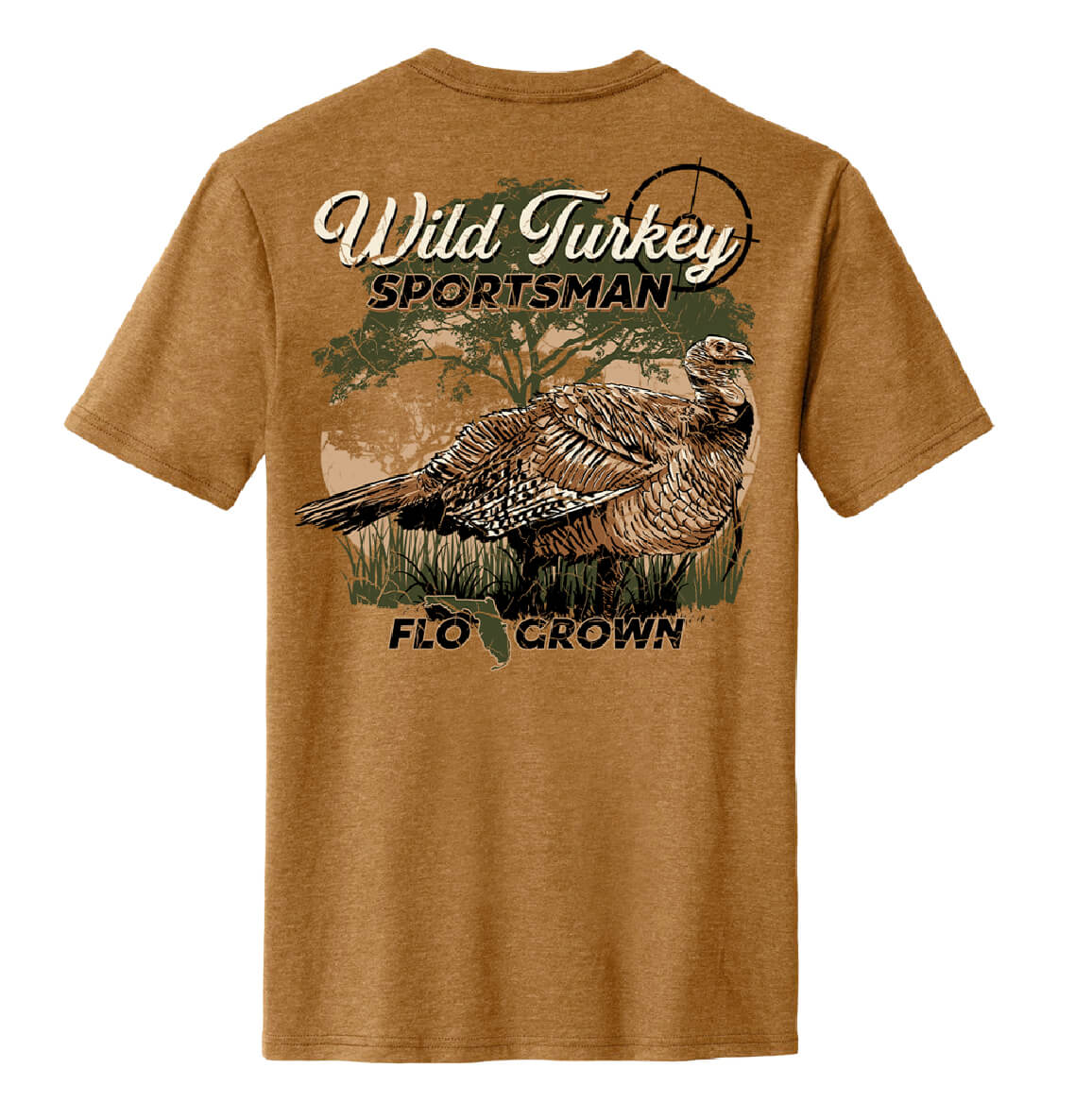 Brown shirt with a graphic of a turkey on the back with text 'WILD TURKEY SPORTSMAN' and the FloGrown logo.