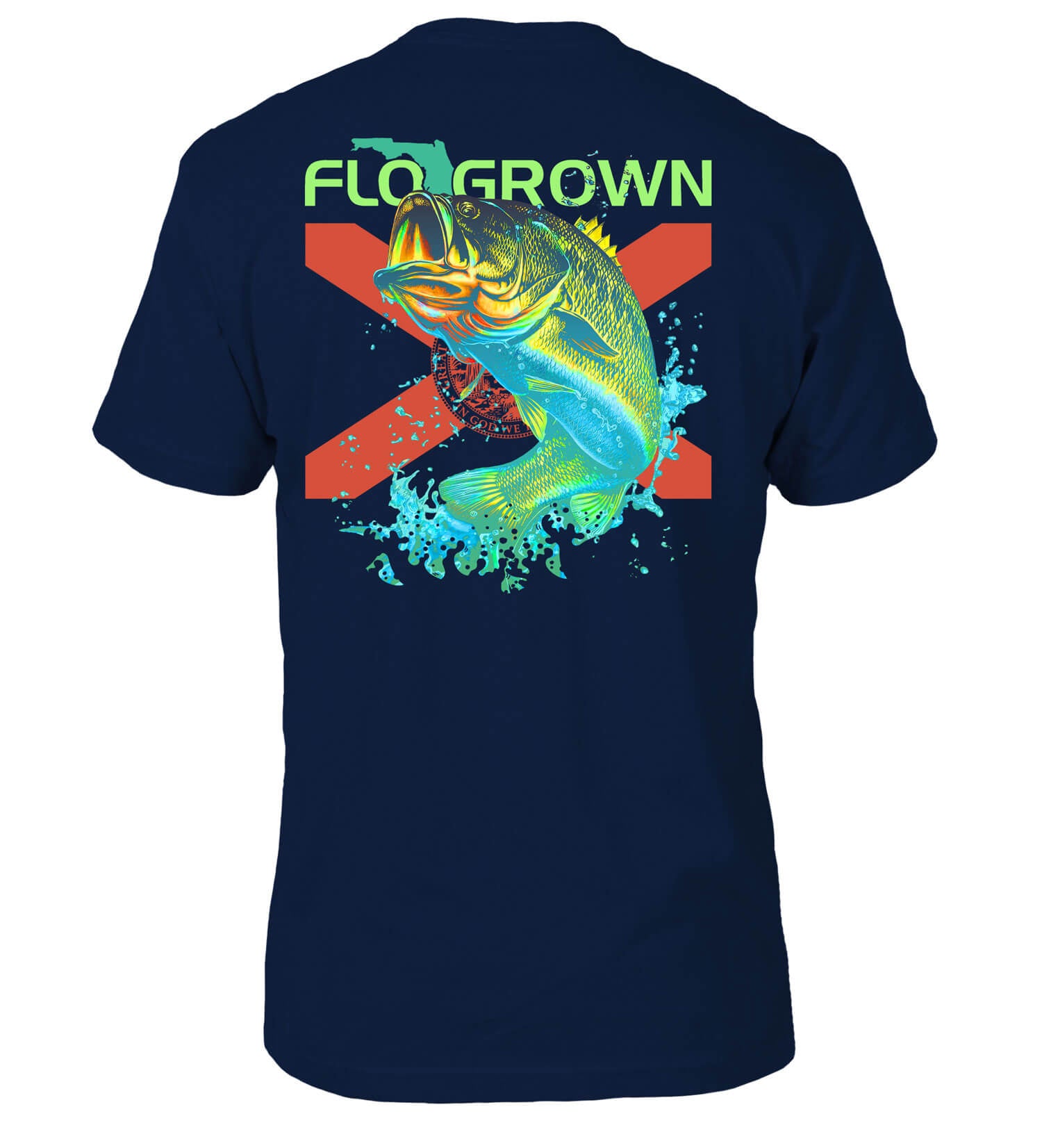 Navy blue t-shirt with a colorful fish graphic and 'FLO GROWN' text on the back.