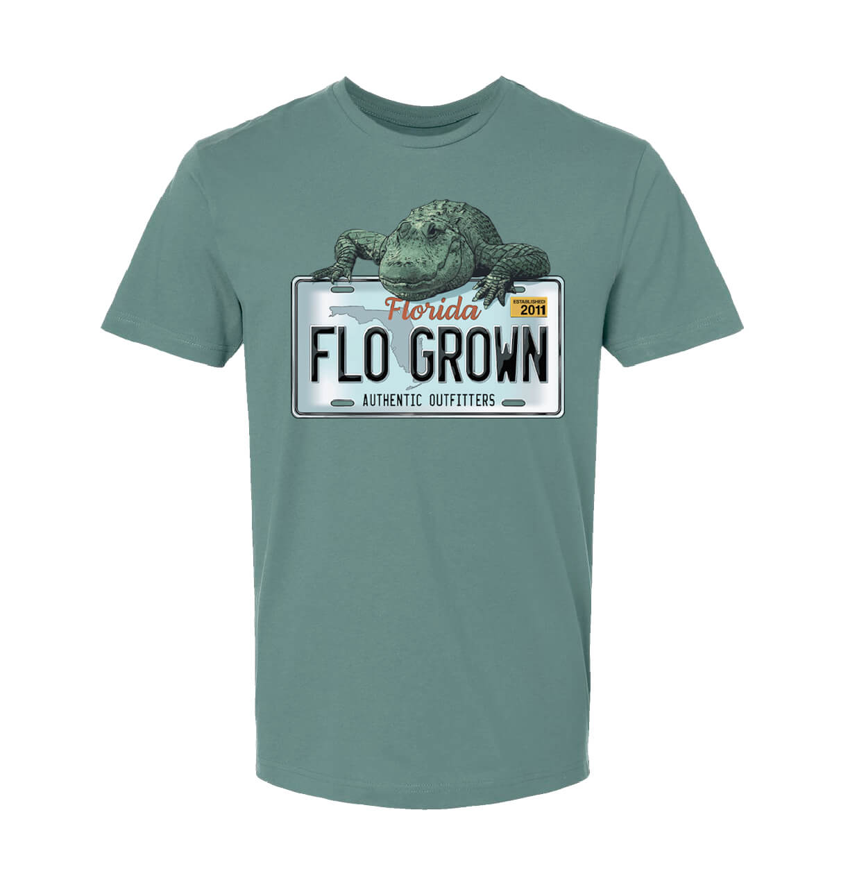 Green shirt with a graphic of a gator over a Florida license plate that reads 