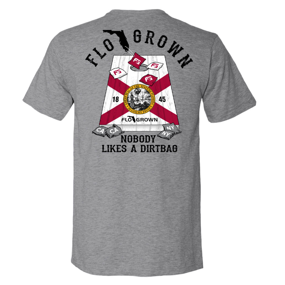 Heather gray shirt with a graphic of a cornhole board with the Florida flag on it.
